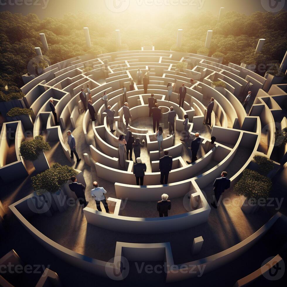 Navigating business challenges depicted by professionals at a 3D maze intersection AI Generative photo