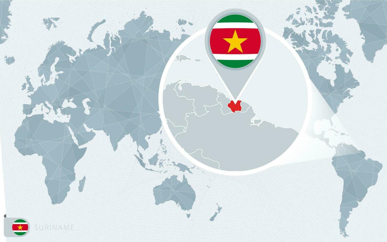 Pacific Centered World map with magnified Suriname. Flag and map of Suriname. vector