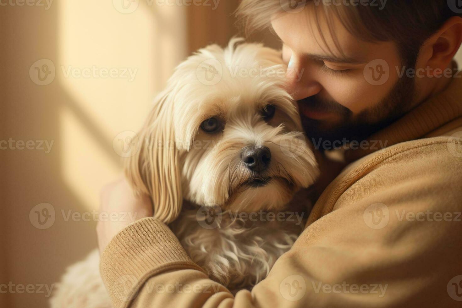 portrait of man and woman hugging cute shih tzu dog. pet concept photo