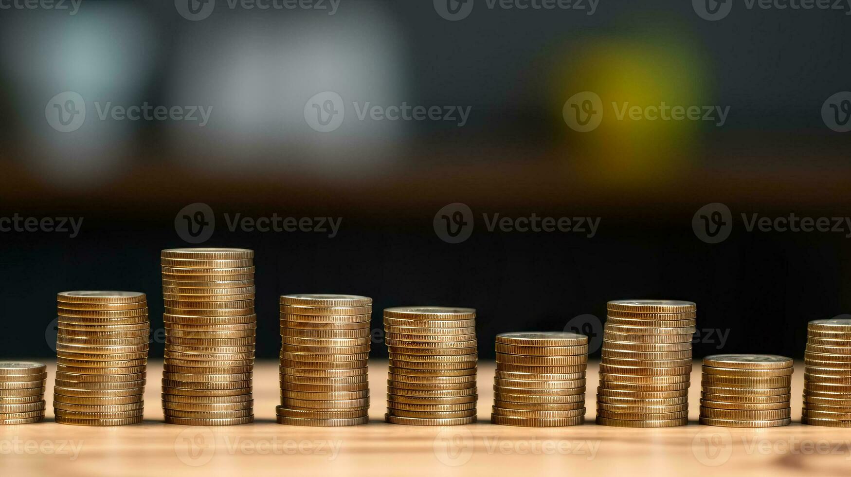 Stacks of coins on the table with dark tone background. Business growth,Financial,saving money and investment concept.Generative AI photo