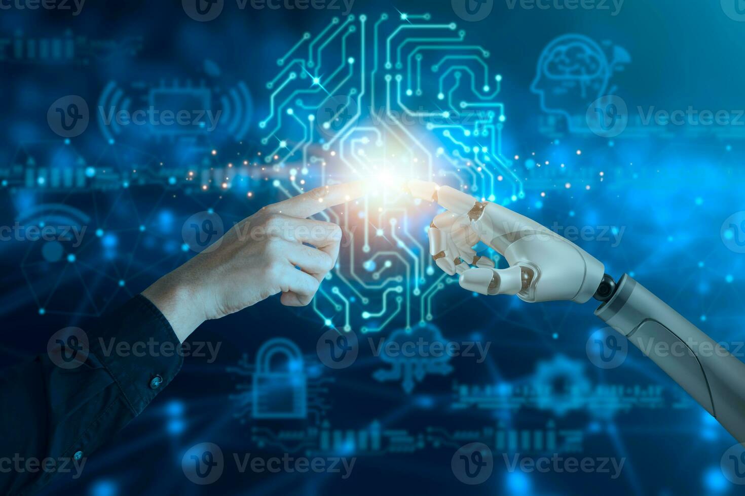 Business man hand and robot hand pointing digital screen of AI icon artificial intelligence.big data, technology, futuristic concept photo