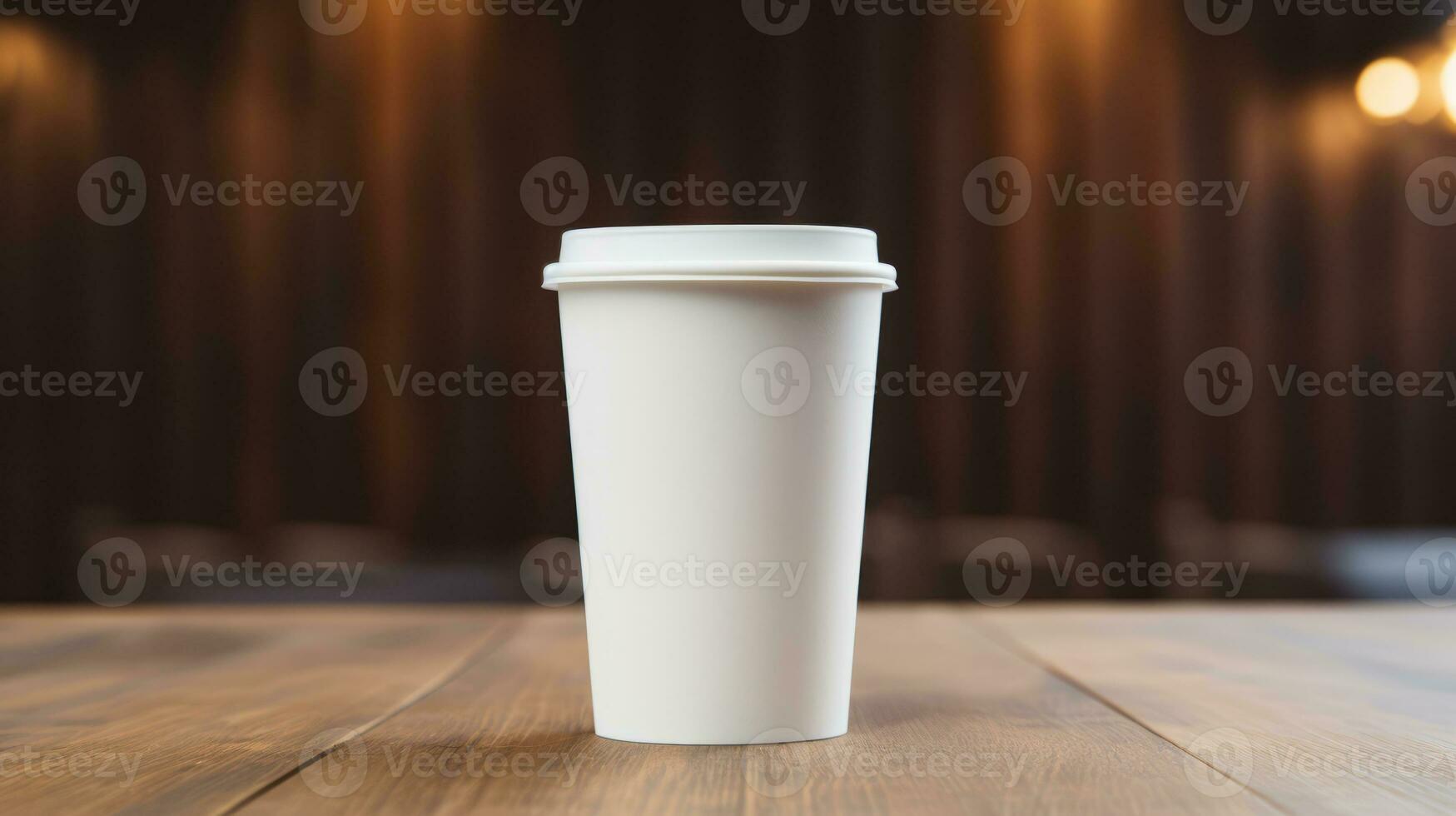 Closed up of white paper coffee cups on wooden table in blur cafe background.coffee cup mockup.generative ai photo