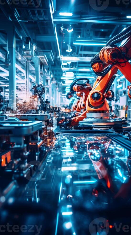 Vibrant display of intricate machinery on a modern, automated factory floor photo