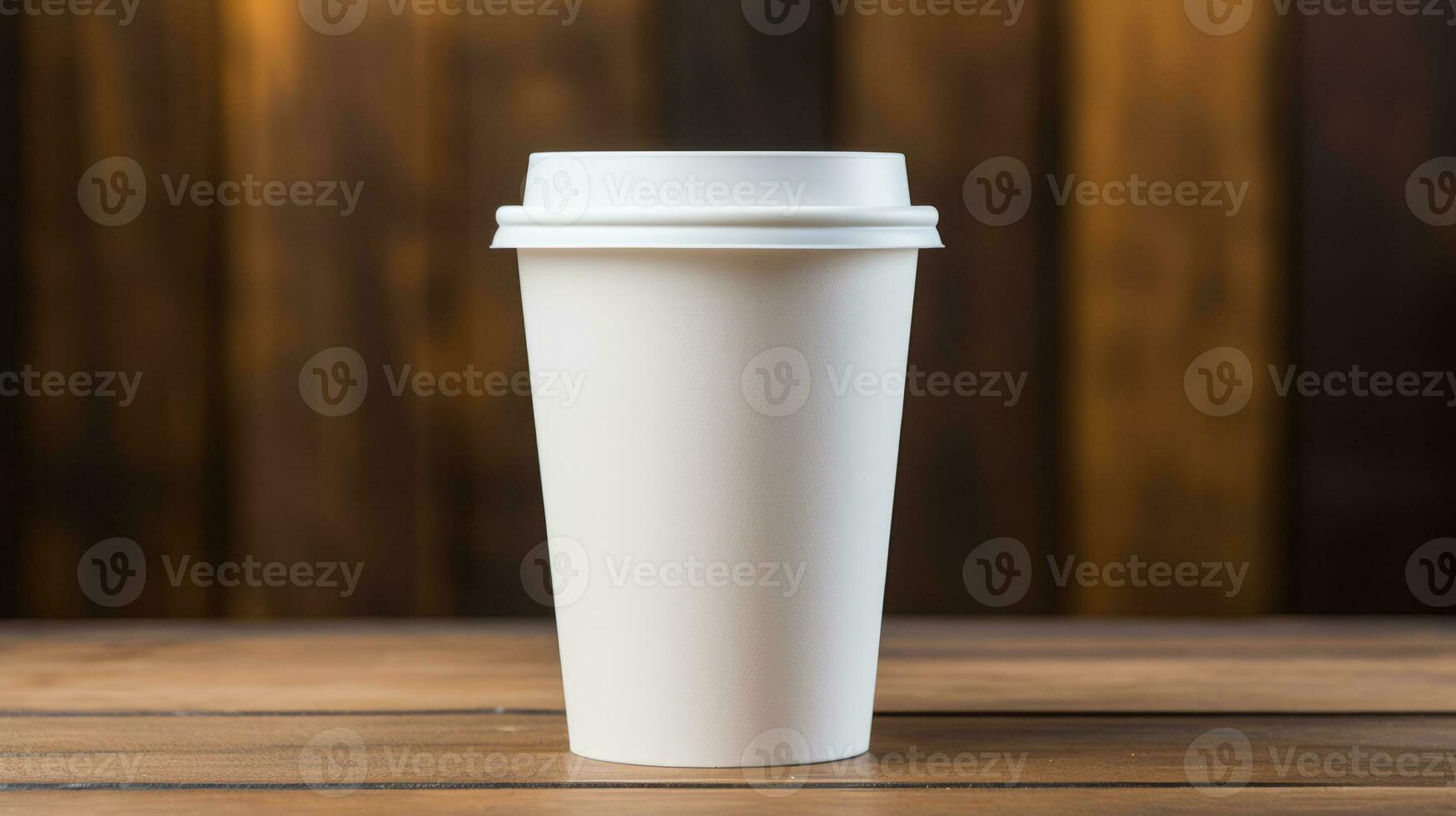 Closed up of white paper coffee cups on wooden table in blur cafe background.coffee cup mockup.generative ai photo