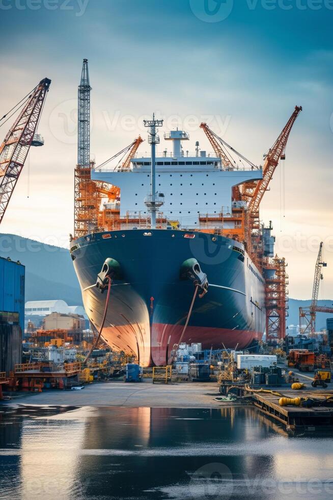 Twilight capture of a massive cargo ship under construction in dry dock photo