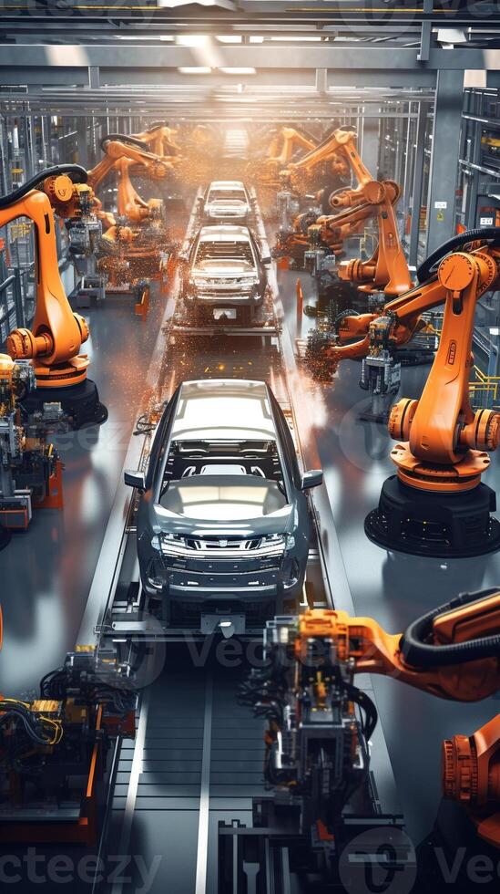 Overhead view of robotic precision on an automotive assembly line photo