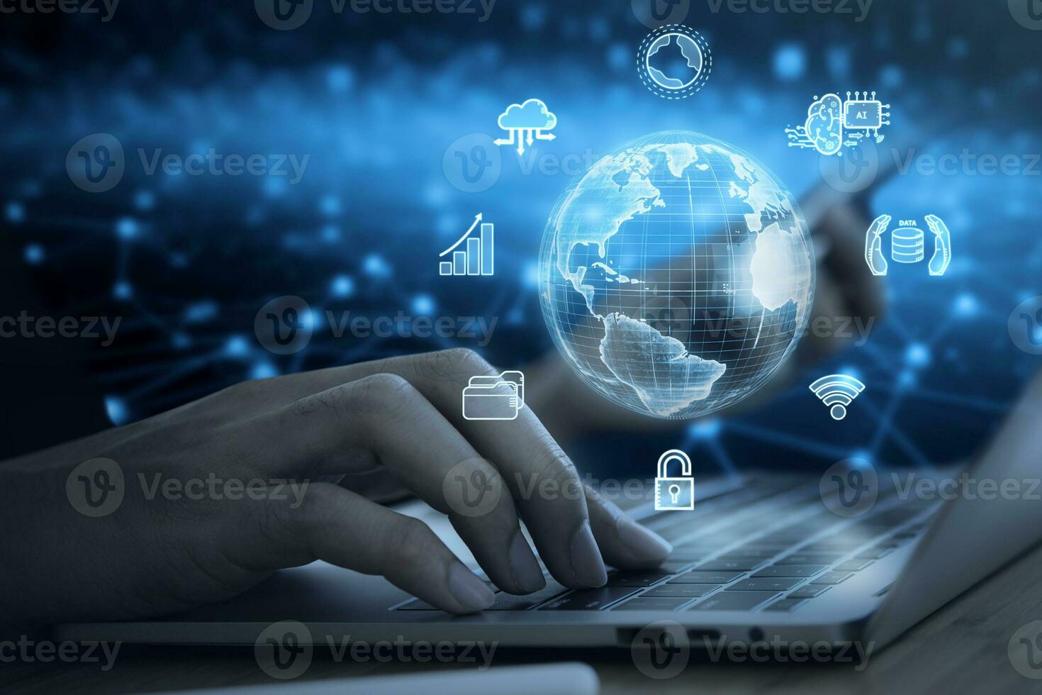 Business man using labtop with globe hologram and icons artificial intelligence.big data, science, innovation technology, cloud computing, futuristic, internet network communication concept photo
