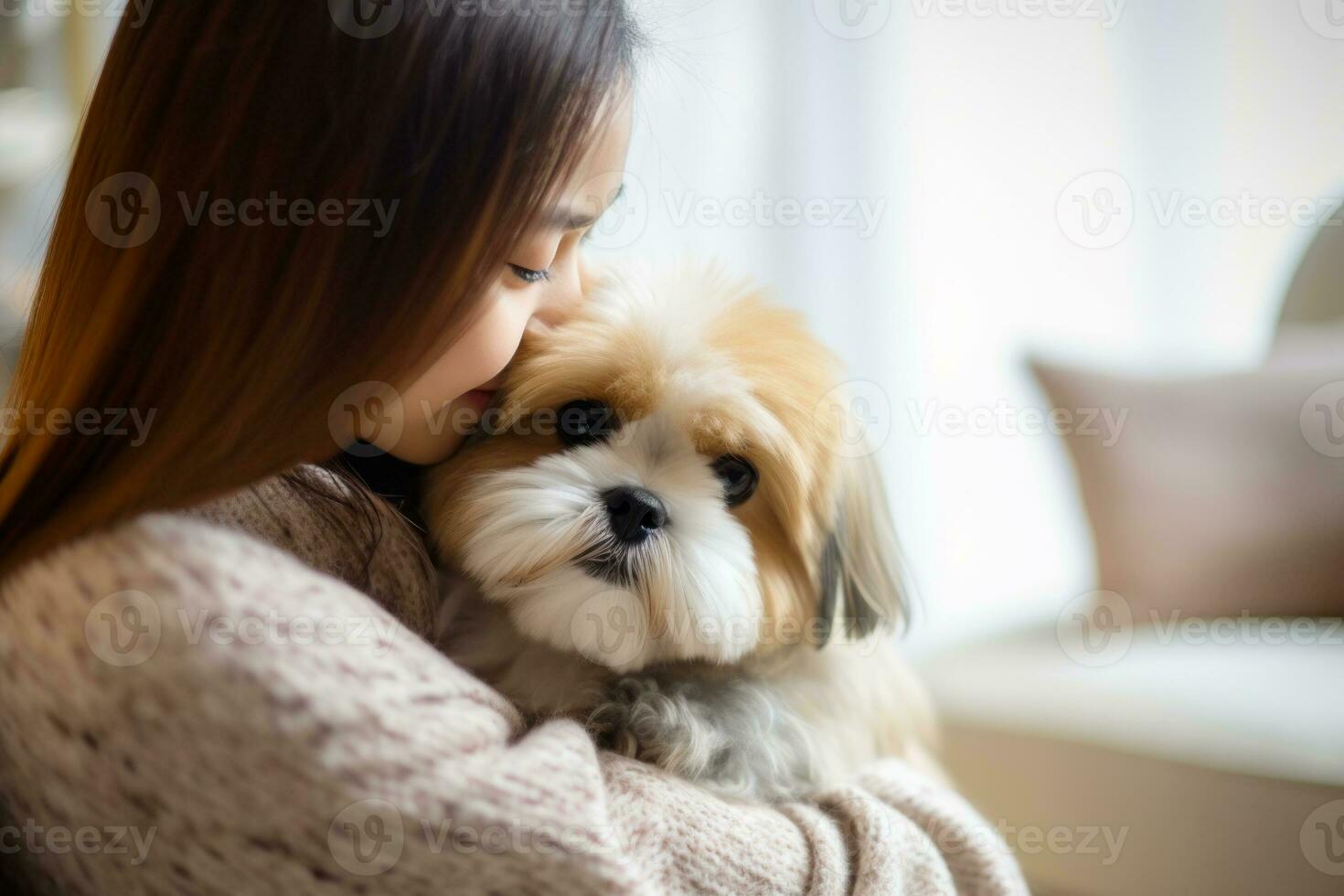 portrait of man and woman hugging cute shih tzu dog. pet concept photo