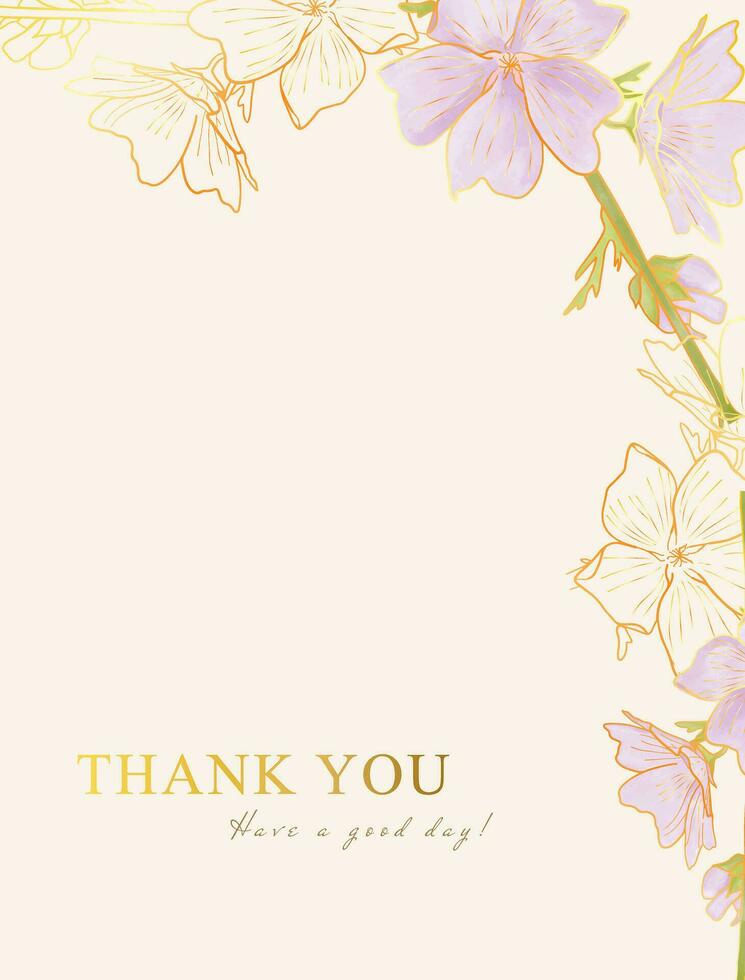 flower watercolor background and golden lines thank you card, suitable for another project like wedding invitation, greeting card and another project. vector