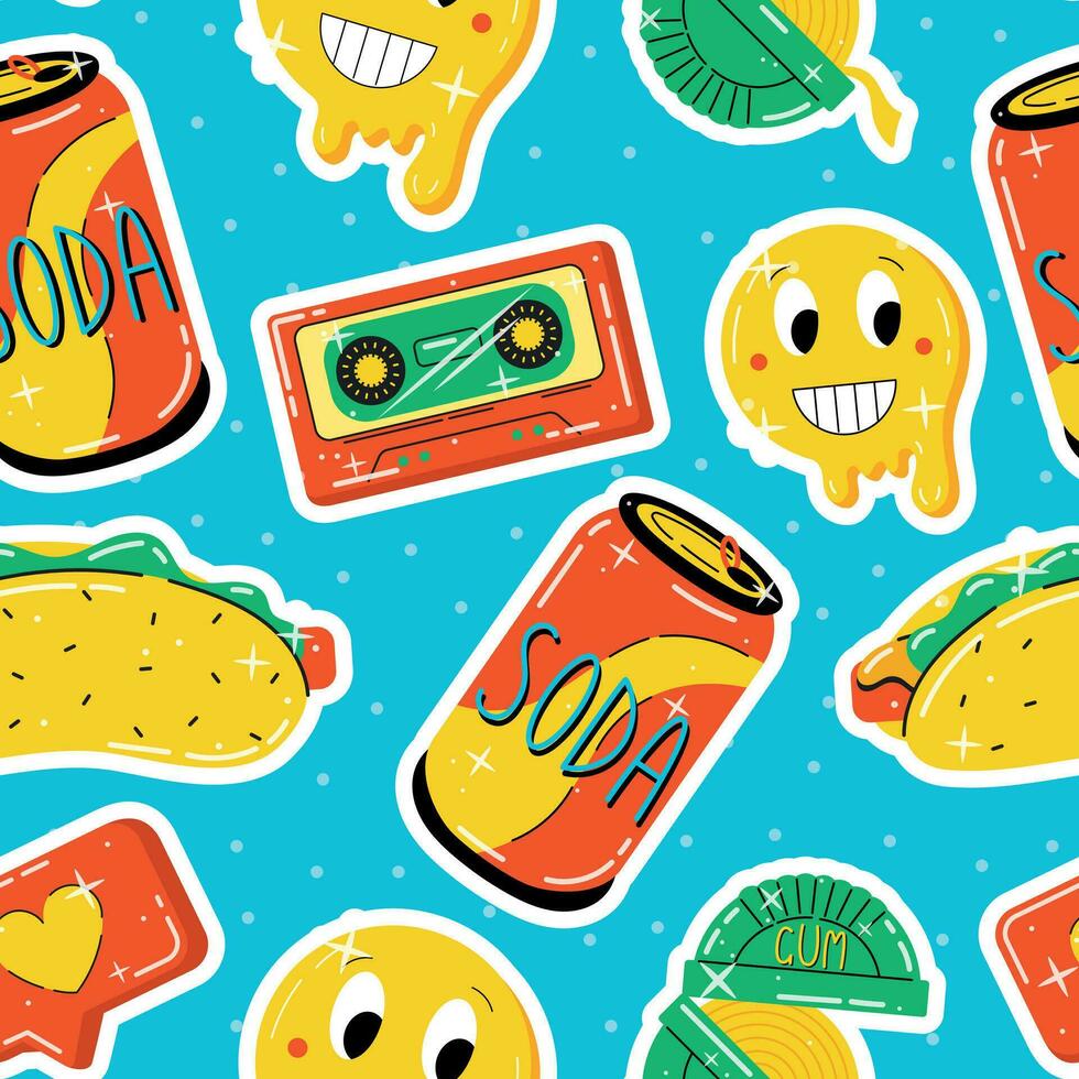Funny youth culture retro stickers. A can of soda, a laughing smiley face, an audio tape, a hot dog. Vector seamless bright pattern, 90s style.
