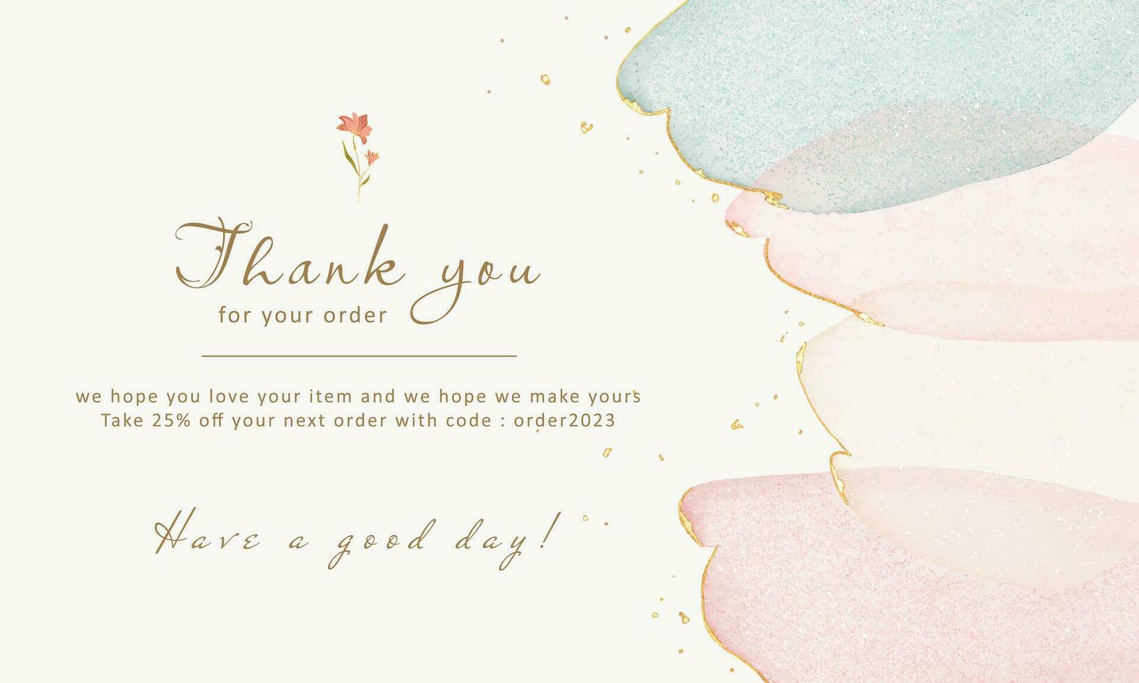 thank you for your order card template, colorful watercolor with gold glitter background. printable and suitable for another greeting card or your project and small business vector