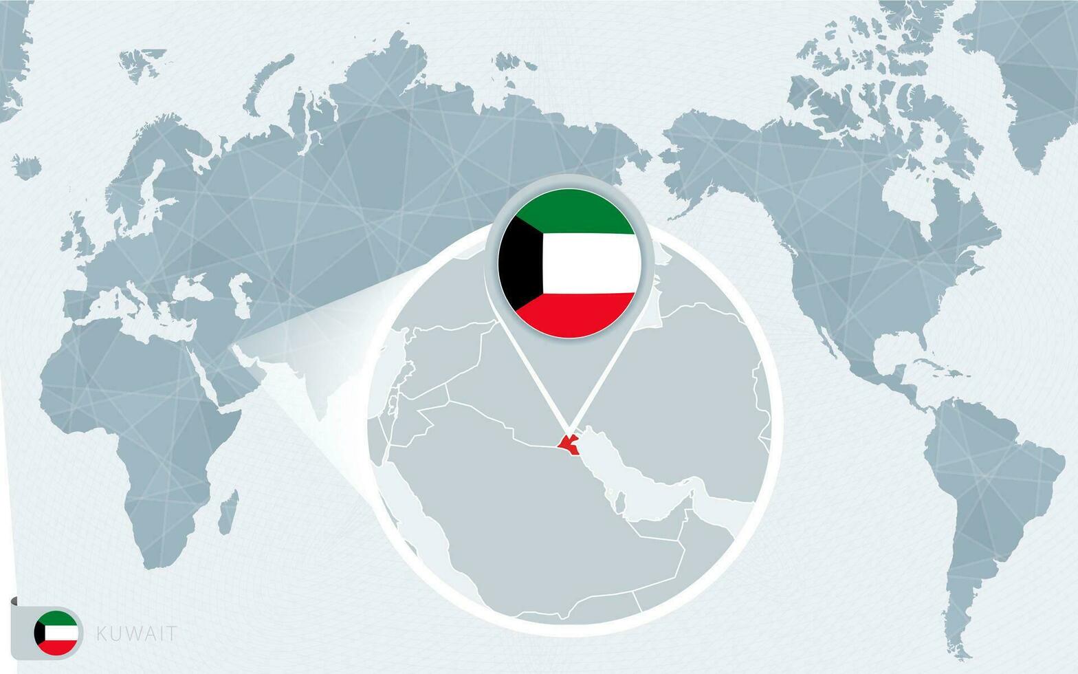 Pacífico centrado mundo mapa con magnificado Kuwait. bandera y mapa de Kuwait. vector