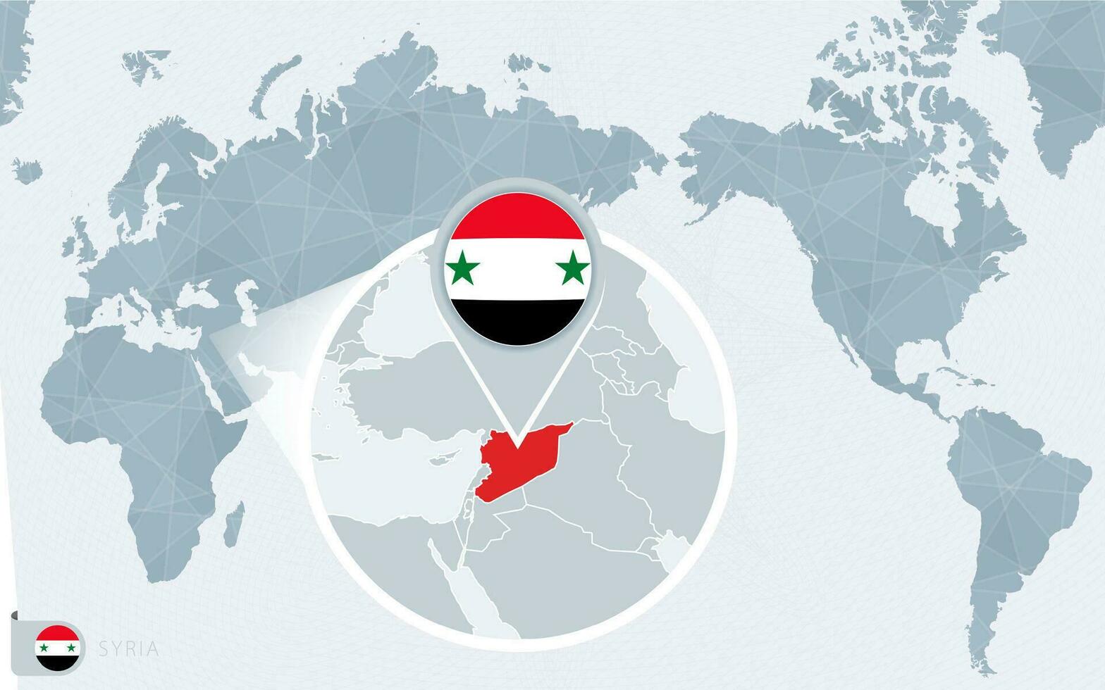 Pacífico centrado mundo mapa con magnificado Siria. bandera y mapa de Siria. vector