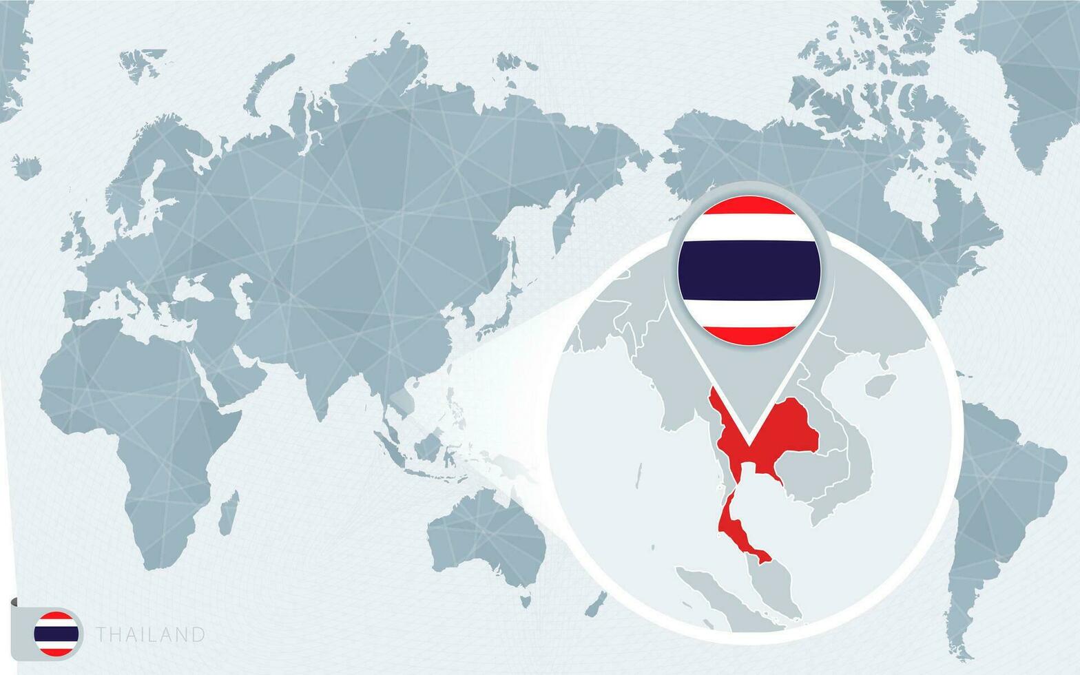 Pacífico centrado mundo mapa con magnificado tailandia bandera y mapa de tailandia vector