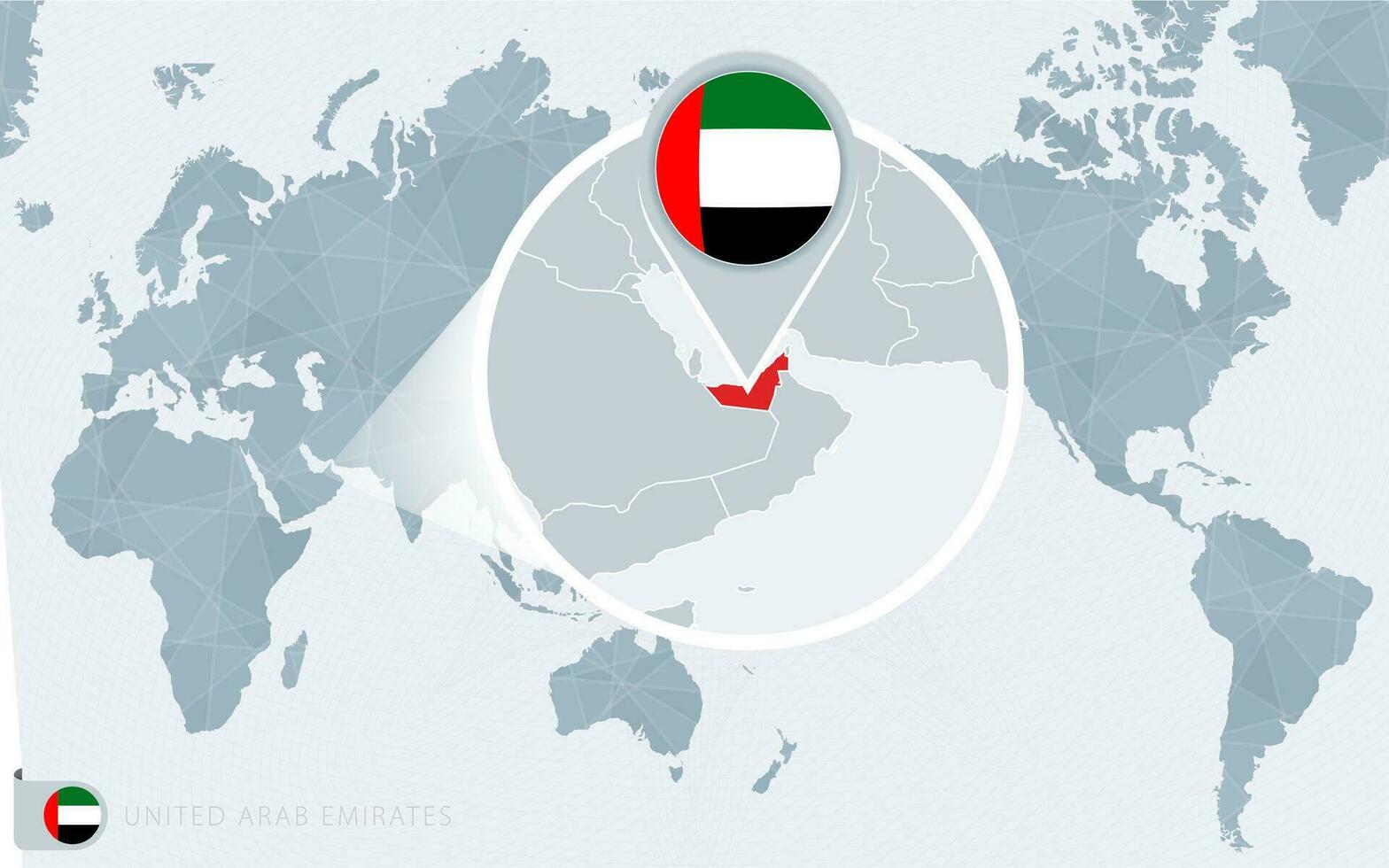 Pacific Centered World map with magnified United Arab Emirates. Flag and map of United Arab Emirates. vector