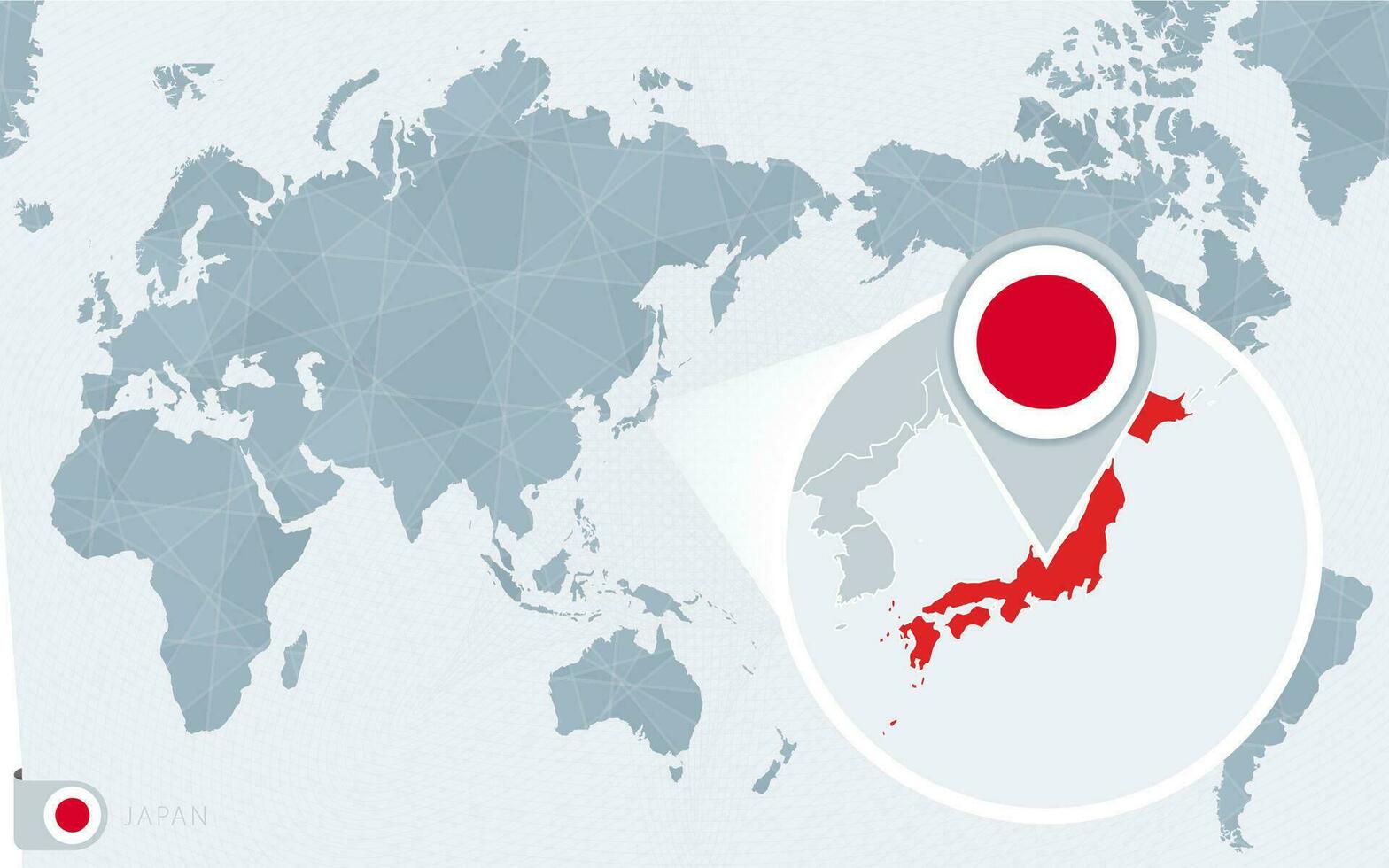 Pacífico centrado mundo mapa con magnificado Japón. bandera y mapa de Japón. vector