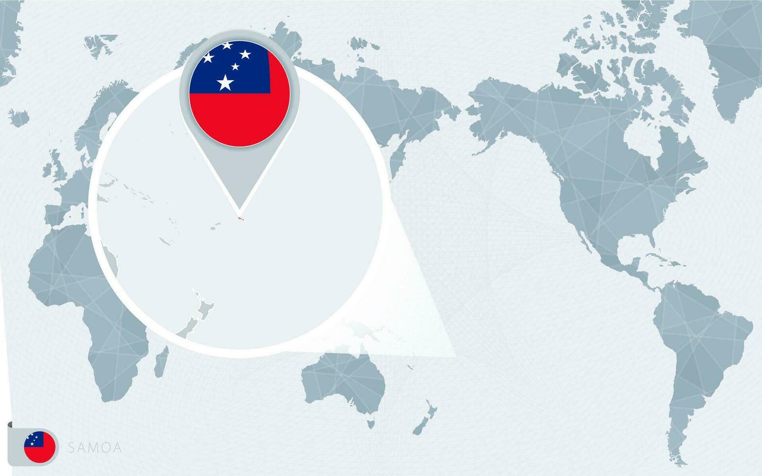 Pacífico centrado mundo mapa con magnificado samoa bandera y mapa de samoa vector
