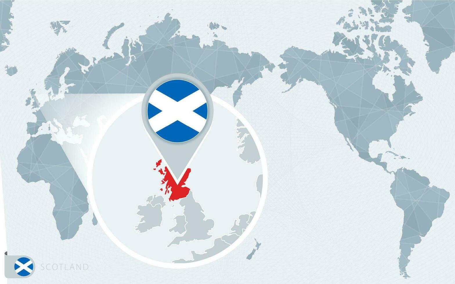 Pacífico centrado mundo mapa con magnificado Escocia. bandera y mapa de Escocia. vector