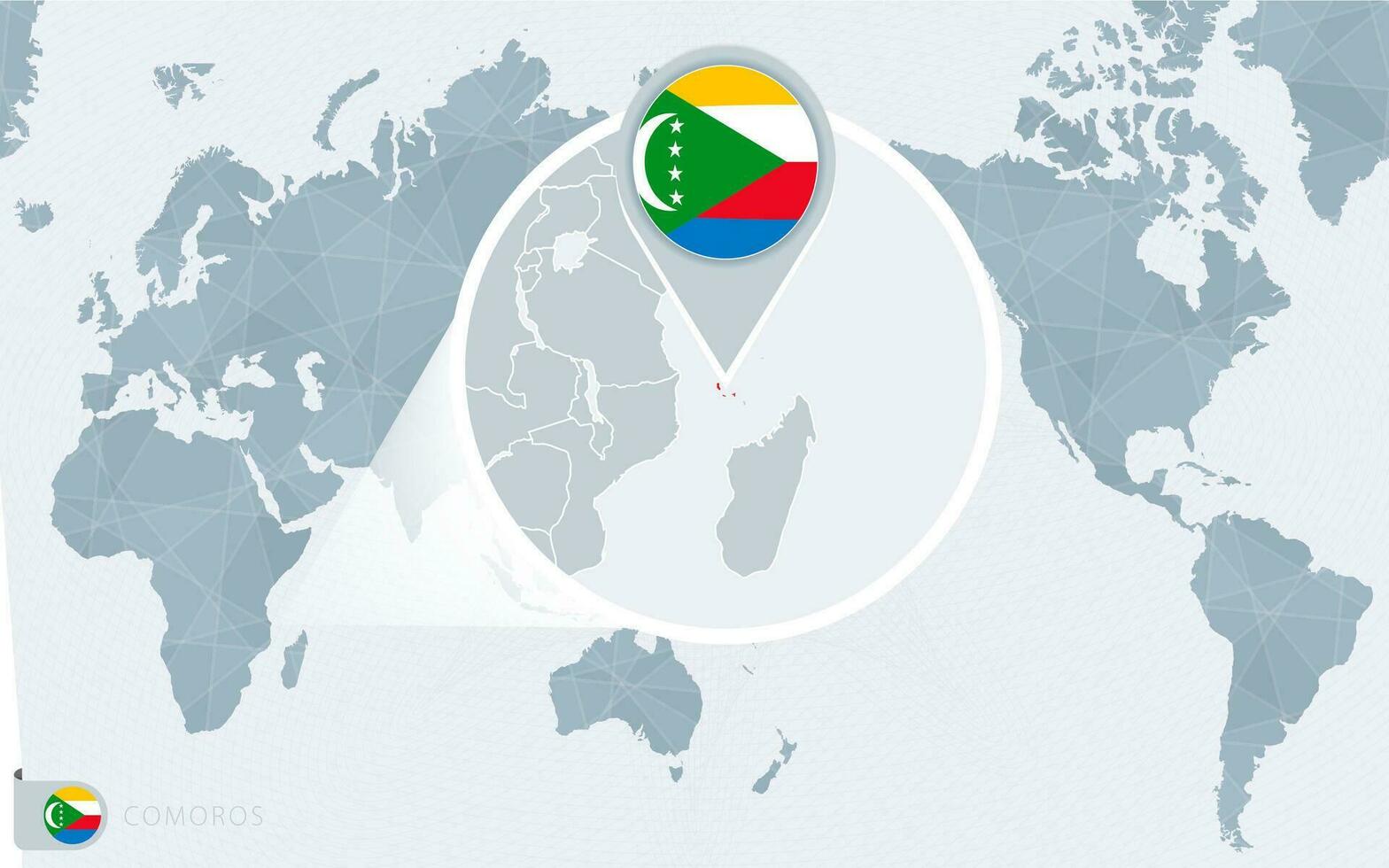 Pacífico centrado mundo mapa con magnificado Comoras. bandera y mapa de Comoras. vector