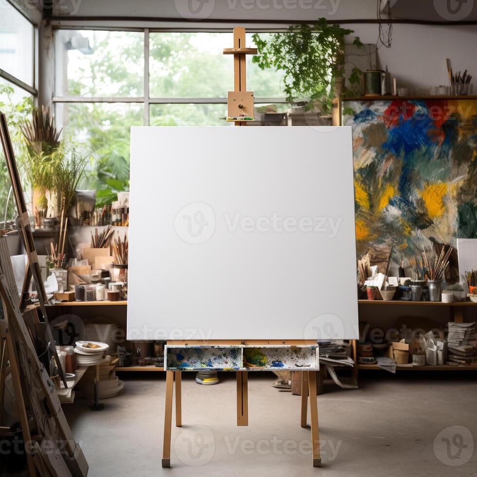 Artist's workspace with blank canvas and art supplies AI Generative photo