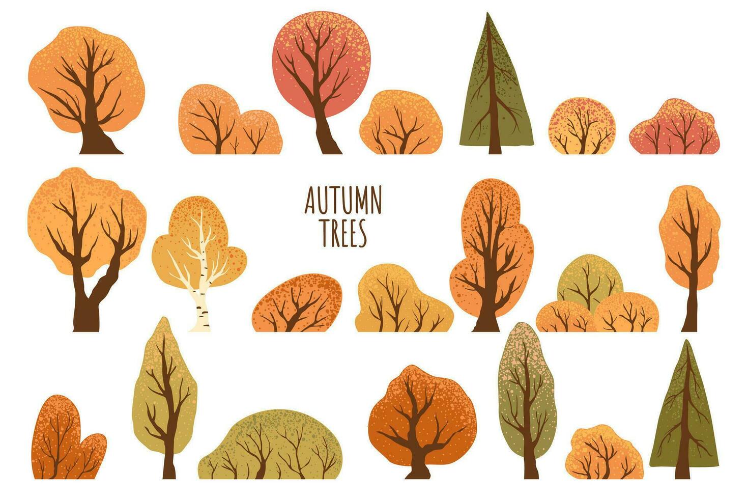 Set of yellow autumn trees and bushes. Maple, birch, oak, aspen, fir-tree and shrubs. Isolated on white background. Hand drawn vector park autumn tree. Fall vector illustration