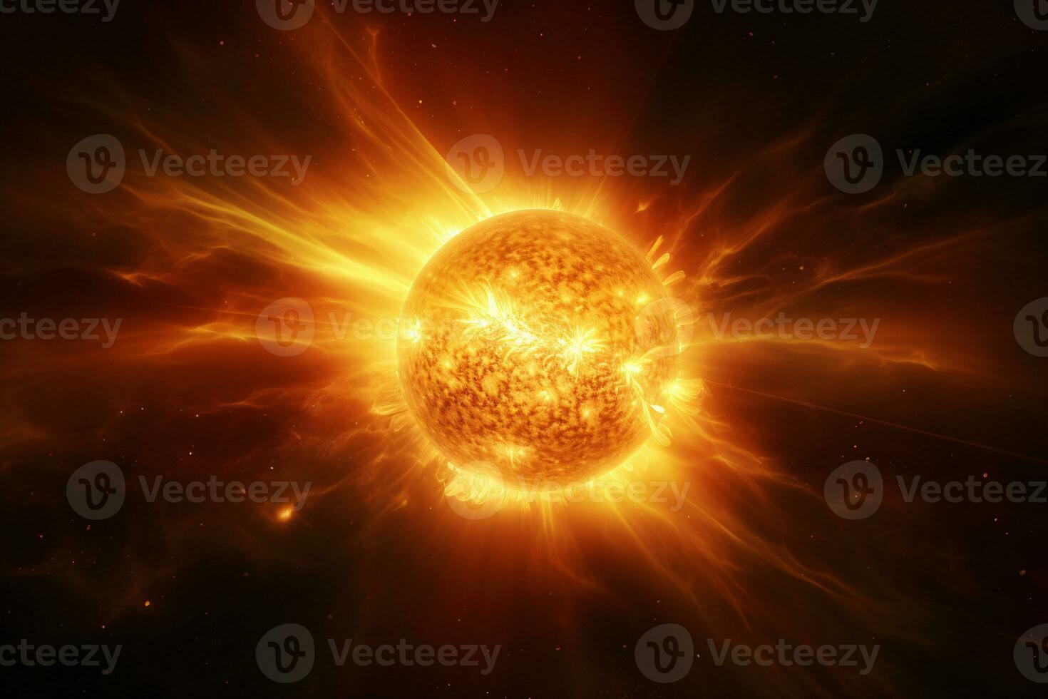 Hyper-realistic image of the sun's surface showcasing the raw power of erupting solar flares AI Generative photo