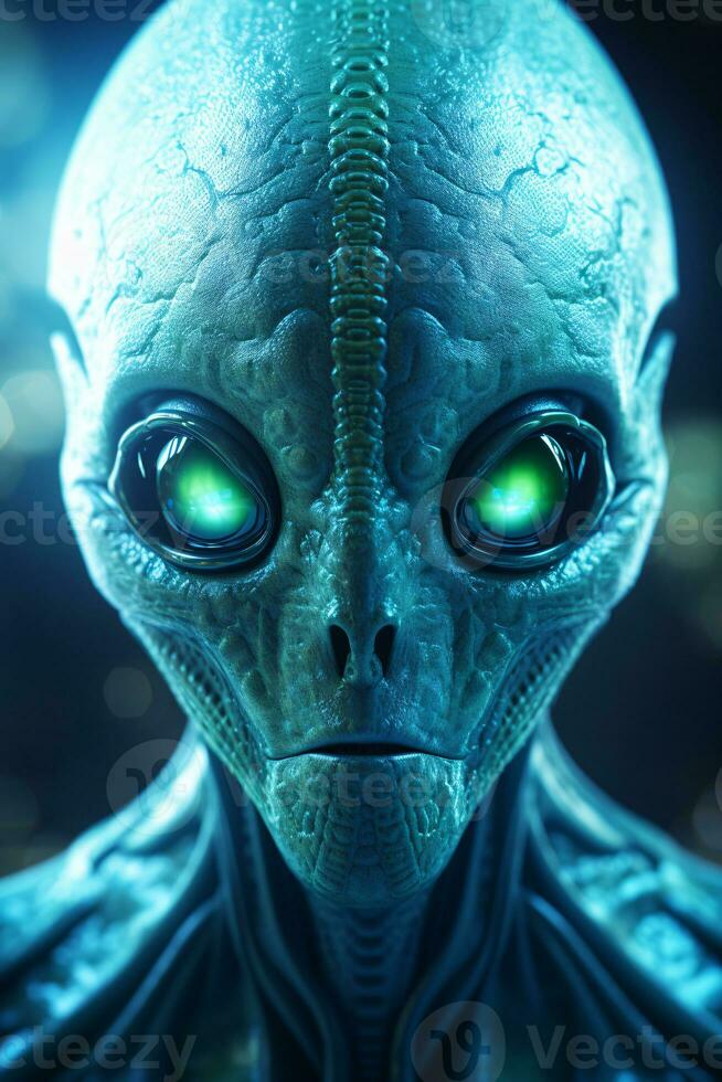 Detailed image of an alien creature brought to life in shades of bioluminescent blues and greens AI Generative photo