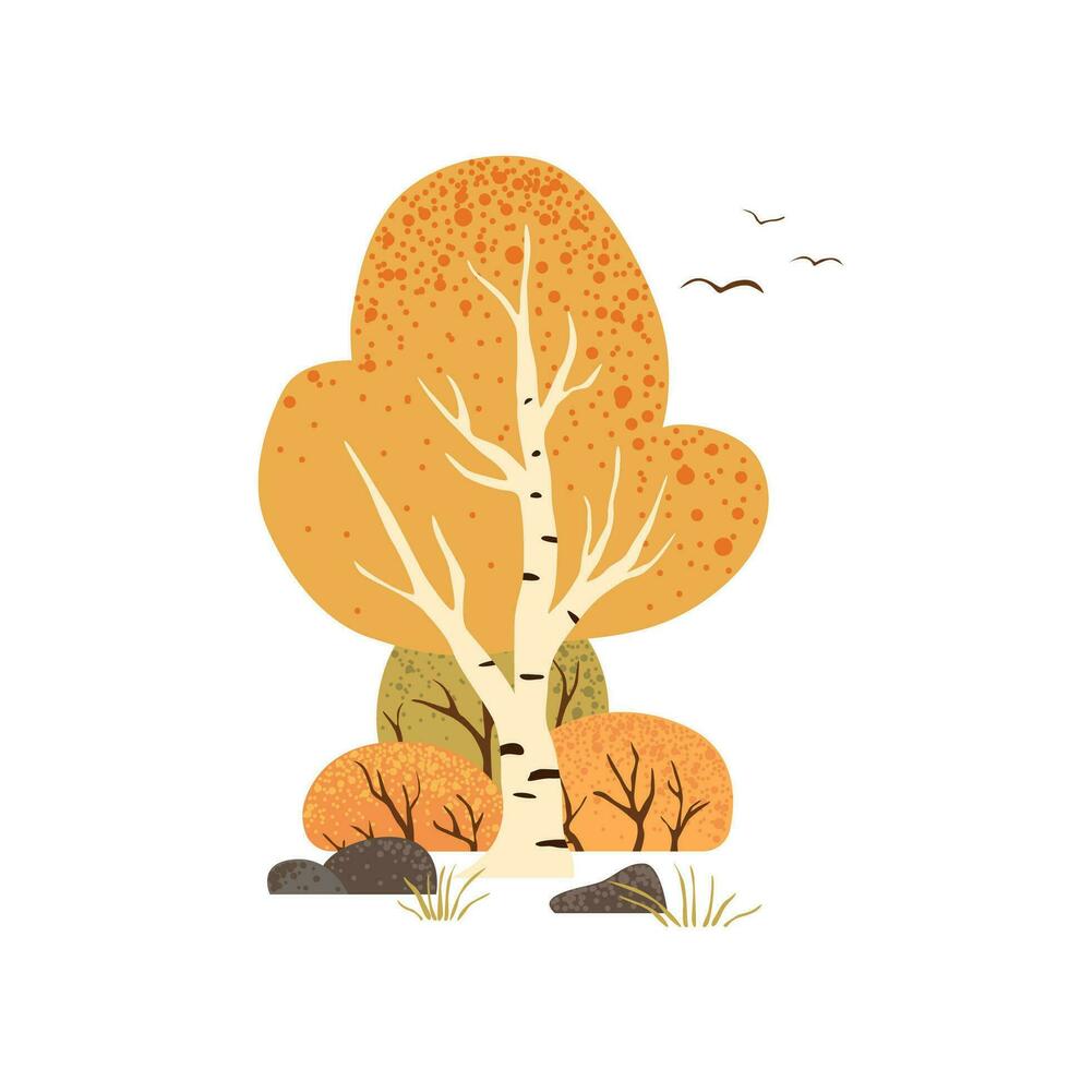 Scene with autumn trees and bushes. Countryside landscape. Isolated on white background. Autumn nature. Stock vector illustration