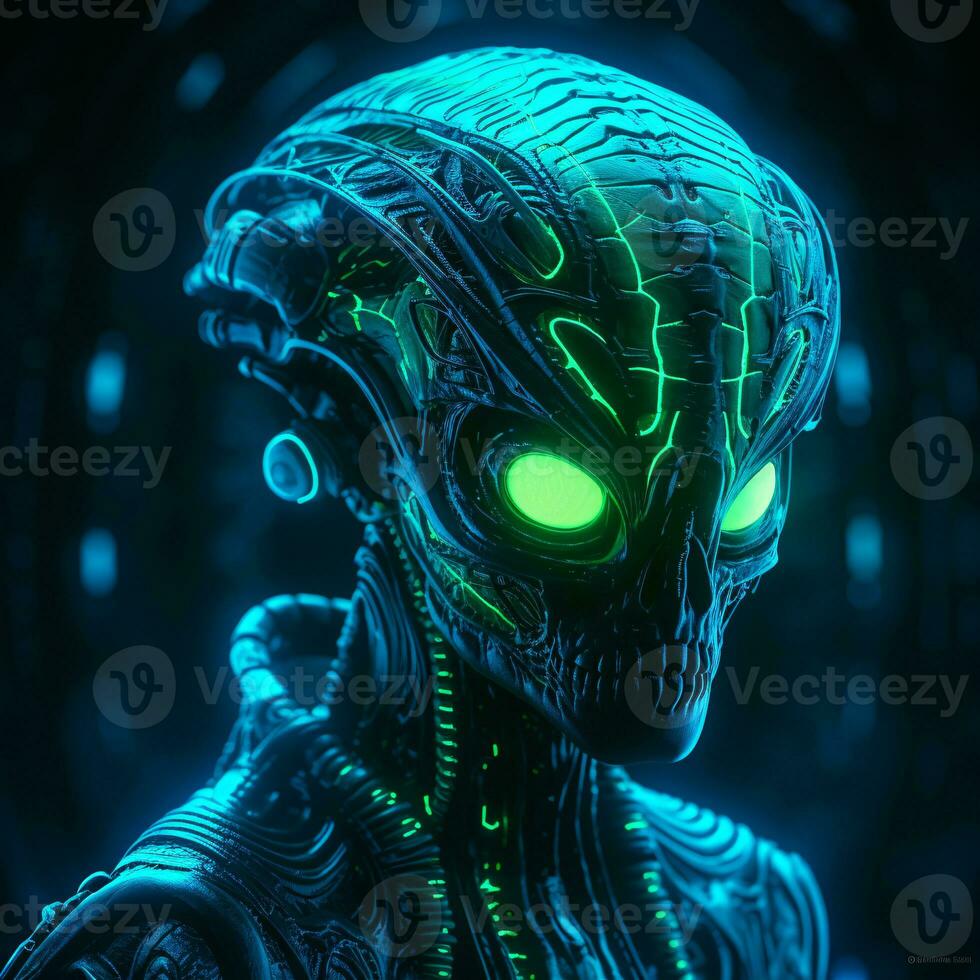 Detailed image of an alien creature brought to life in shades of bioluminescent blues and greens AI Generative photo