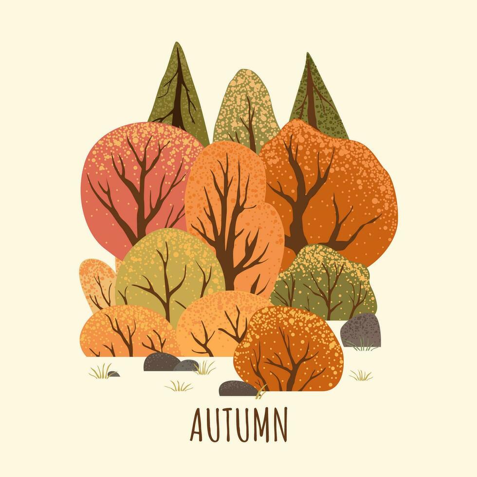 Scene with autumn trees and bushes. Countryside landscape. Isolated on white background. Autumn nature. Stock vector illustration