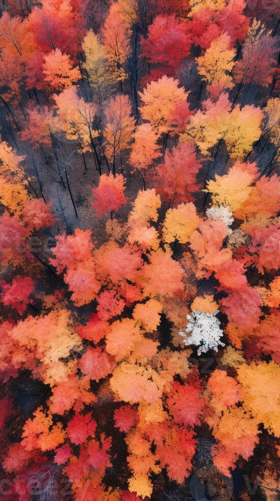 Aerial view of an enchanting autumn forest with vibrant hues of orange, red, and gold photo