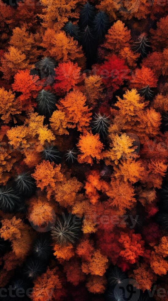 Aerial view of an enchanting autumn forest with vibrant hues of orange, red, and gold photo