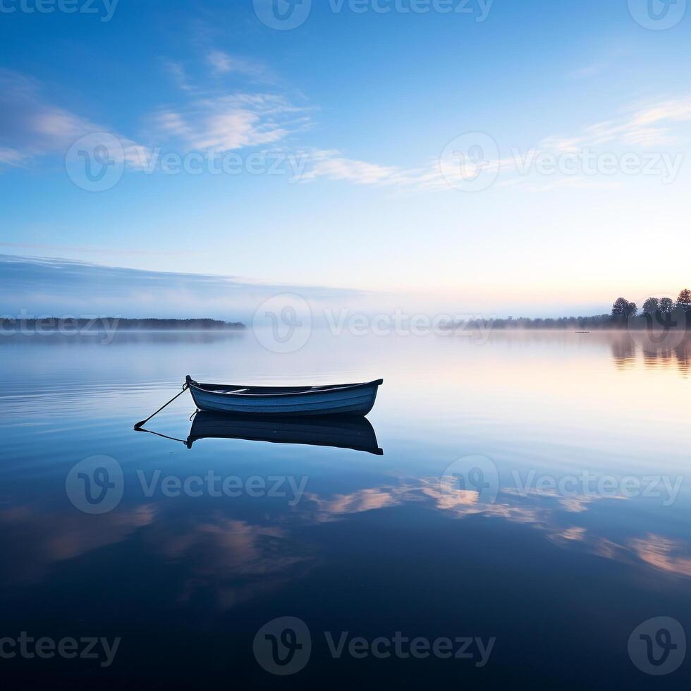 Peaceful dawn over a calm lake with a solitary rowing boat in the distance photo