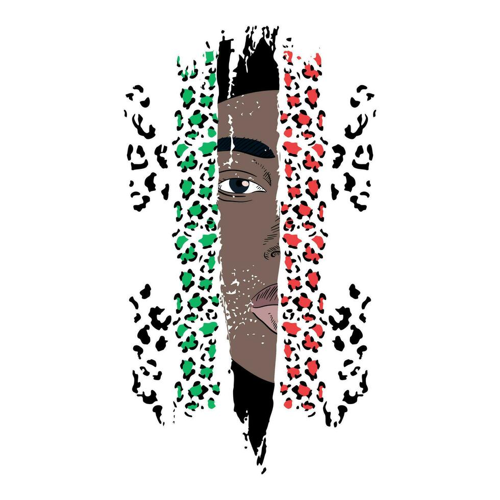 T-shirt design of a black woman's face observing from a crack along with animal print decoration. Vector illustration good for feminist fight and black history month