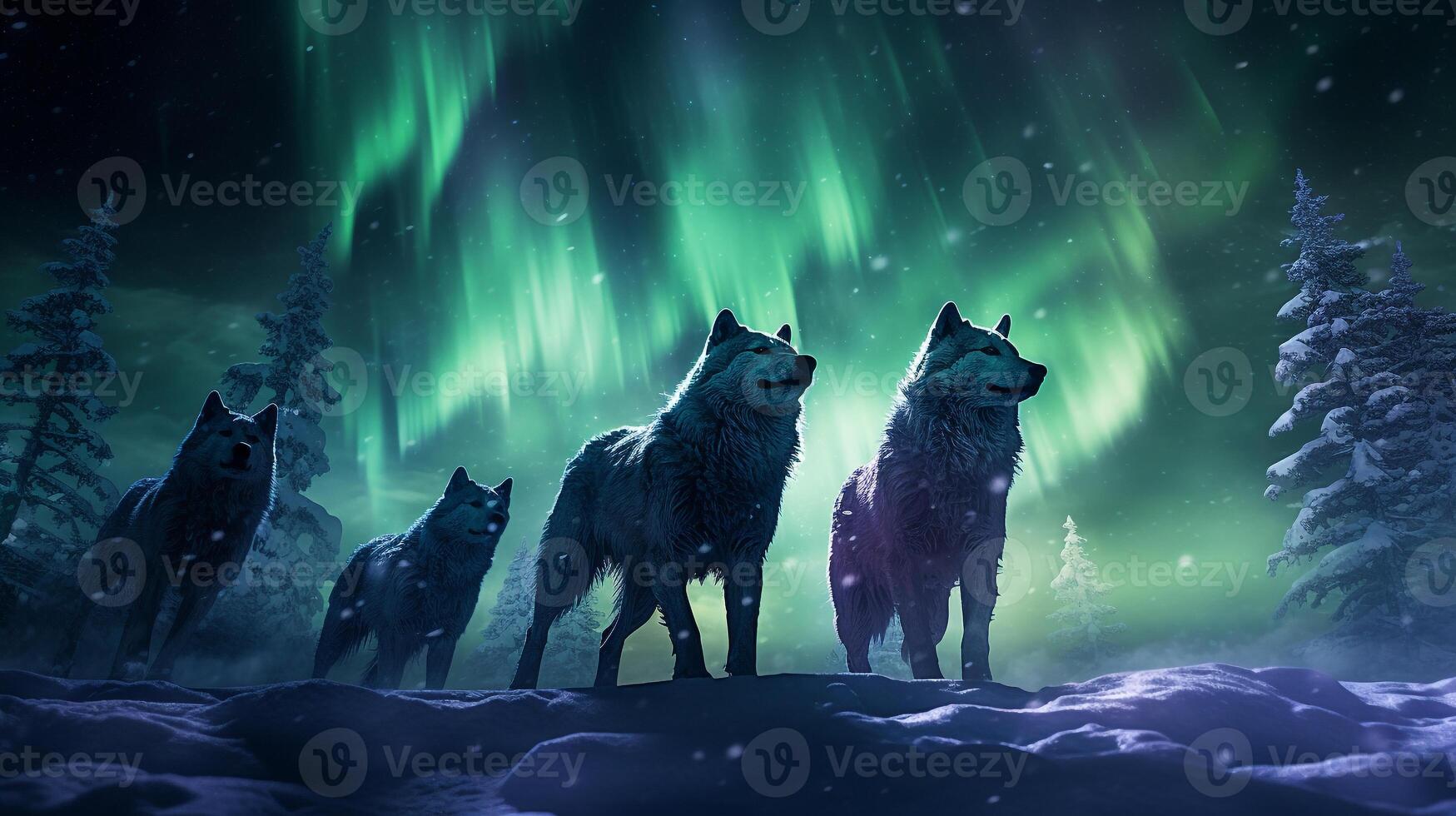 Surreal image of a pack of wolves in a winter wonderland under the dancing northern lights photo