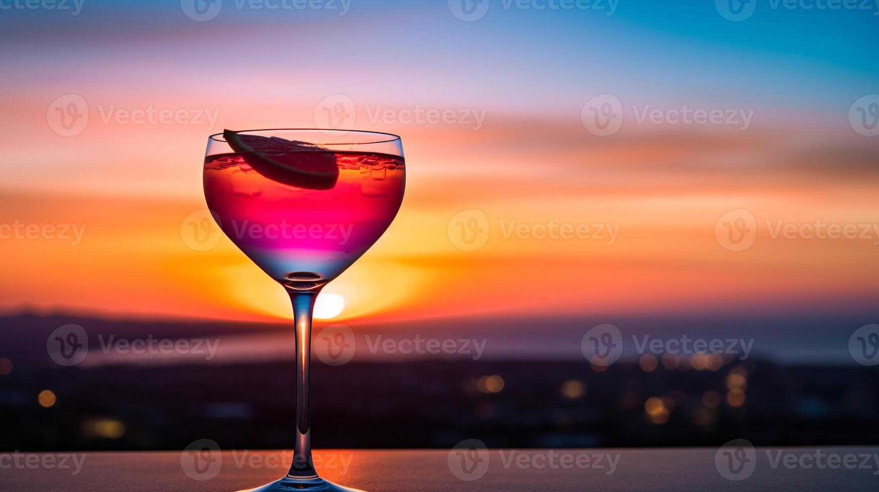 Breathtaking Sunset View with a Colorful Layered Cocktail Glass Offering Copy Space photo