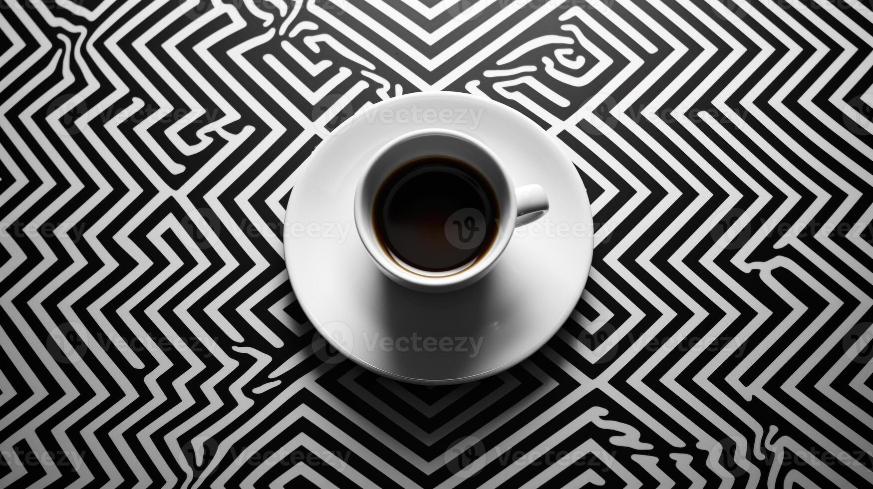 aéreo ver de humeante café taza en geométricamente estampado superficie con amplio Copiar espacio ai generativo foto