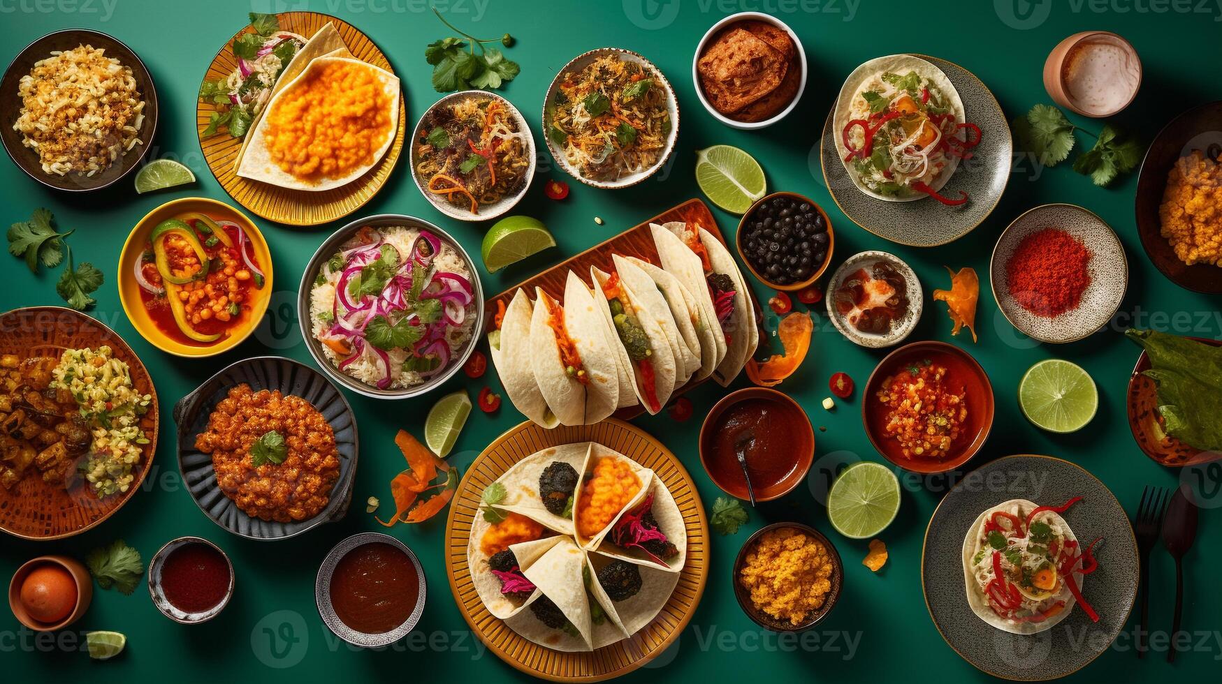 An international feast from above, a unifying spread of sushi, pasta, and tacos on a vibrant tablecloth photo