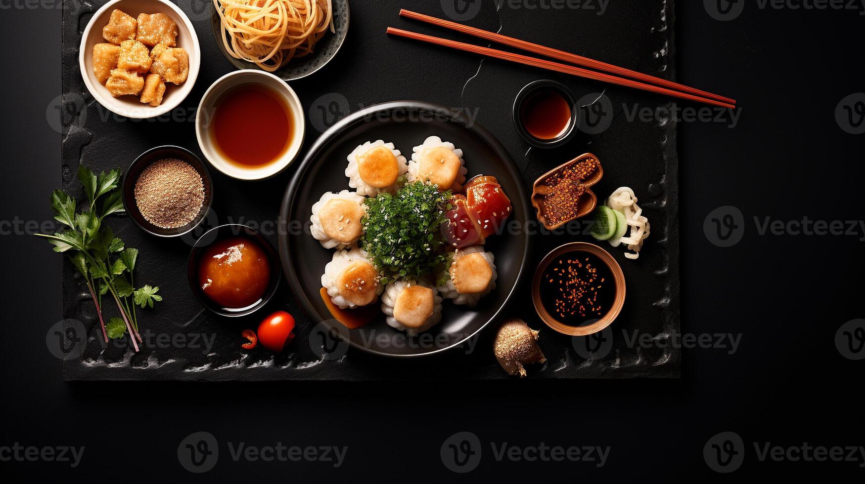 Top view of a simple Asian meal ramen dumplings and sushi illustrating diverse flavors photo