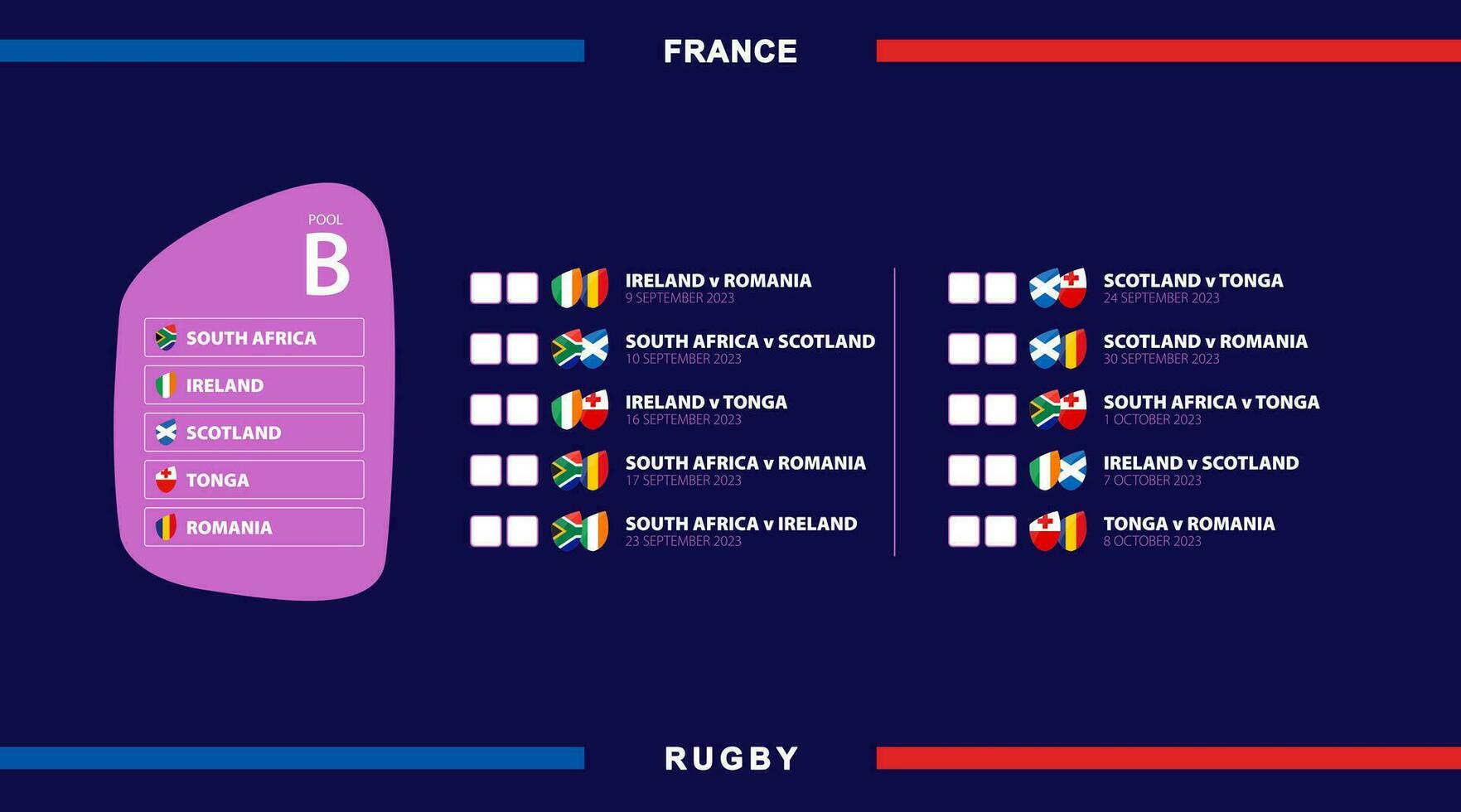 todas rugby partidos en piscina b, banderas de Participantes en internacional rugby competencia en Francia. vector