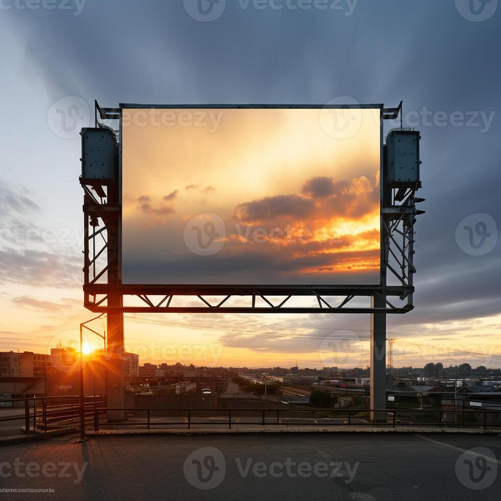 Vibrant sunset forming a fiery backdrop for a blank billboard frame, perfect for bold advertising photo