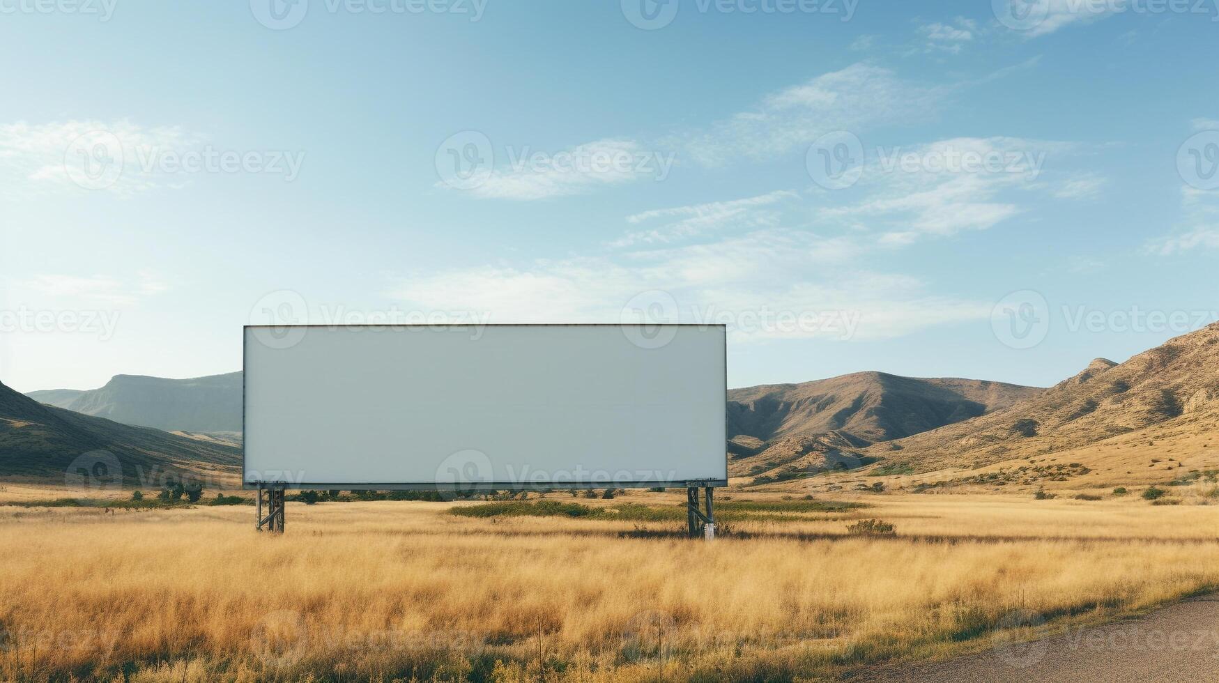 Rural tranquility featuring a blank billboard frame against rolling hills, untapped advertising potential photo