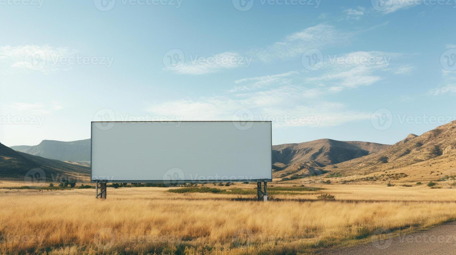 Rural tranquility featuring a blank billboard frame against rolling hills, untapped advertising potential AI Generative photo