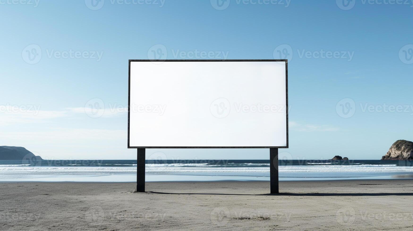 Striking image of a blank billboard frame on a desolate beach, endless advertising possibilities photo