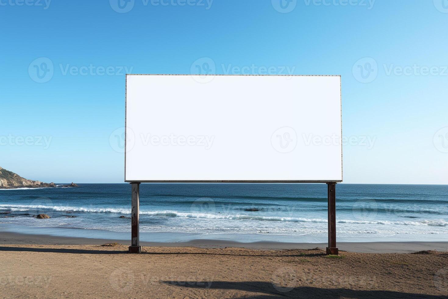 Striking image of a blank billboard frame on a desolate beach, endless advertising possibilities photo