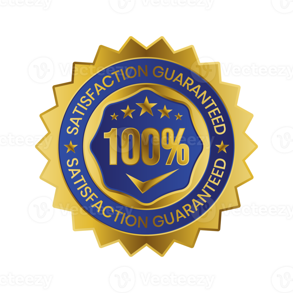 100 Percent Customer Satisfaction Guaranteed Badge, Label, Emblem, Rubber Stamp, 3D Realistic Glossy And Shiny Satisfaction Client Icon, Certified Quality Control Seal Satisfied Badge, Happy Customers png