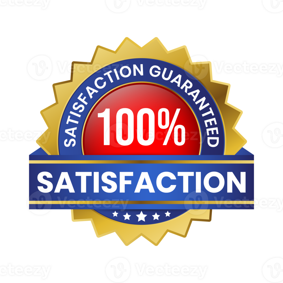 100 Percent Customer Satisfaction Guaranteed Badge, Label, Emblem, Rubber Stamp, 3D Realistic Glossy And Shiny Satisfaction Client Icon, Certified Quality Control Seal Satisfied Badge, Happy Customers png