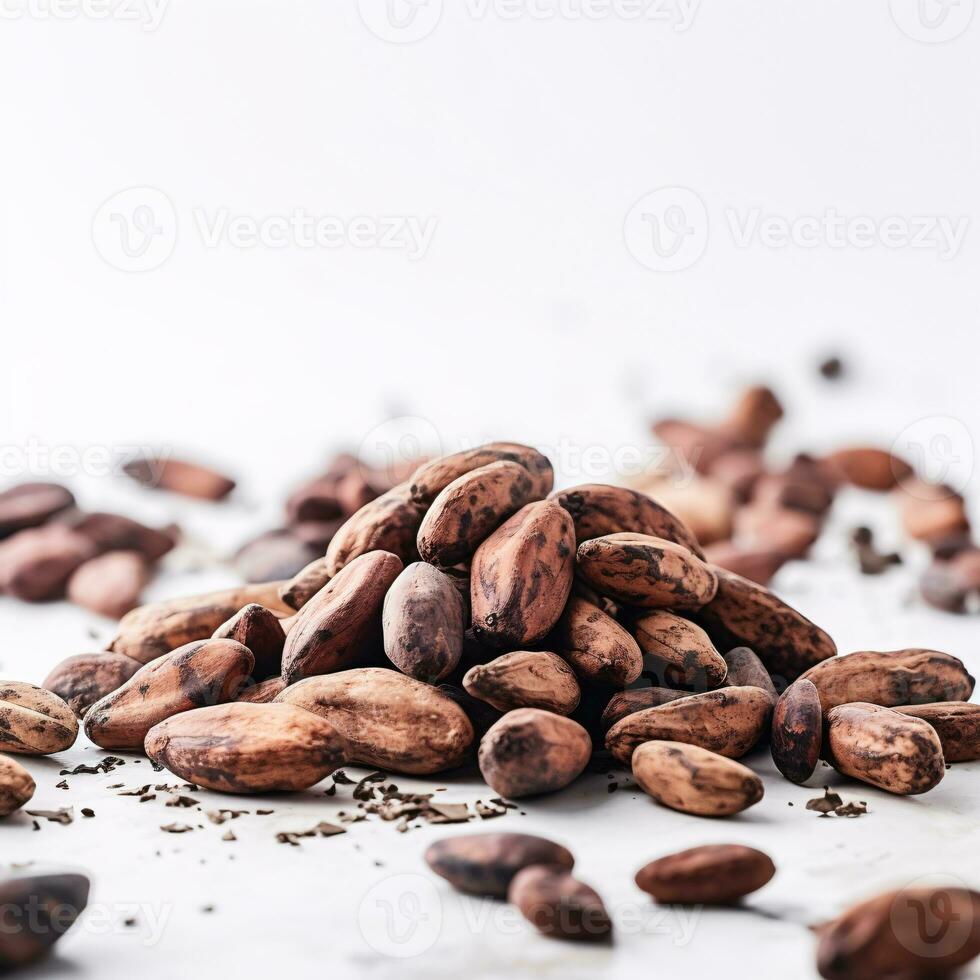 Ethereal Close-up of Cocoa Beans Against Crisp White Background with Left Copyspace AI Generative photo