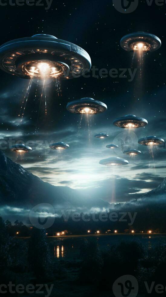 Dramatic depiction of a UFO fleet in the night sky signaling a possible alien encounter AI Generative photo