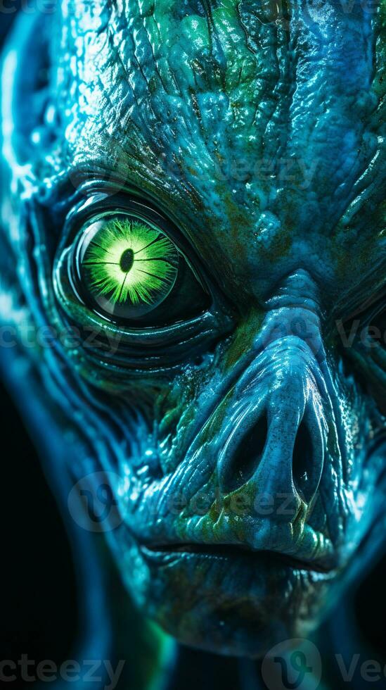 Detailed image of an alien creature brought to life in shades of bioluminescent blues and greens AI Generative photo